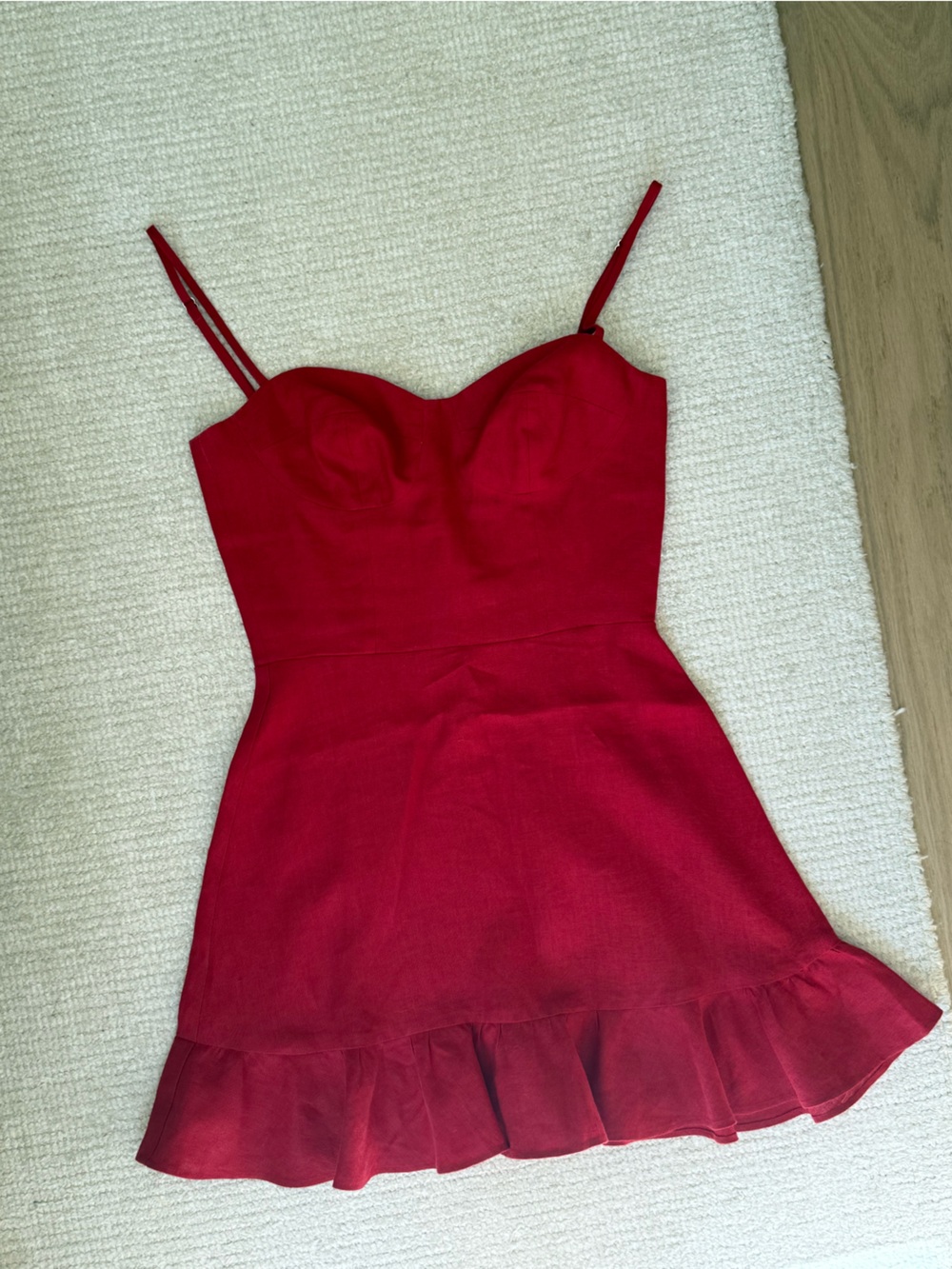 Reformation Red Linen Strapless Ruffle Mini Dress